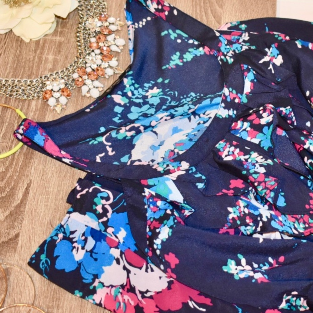 Express Navy Floral Ruffled Dress Size XS